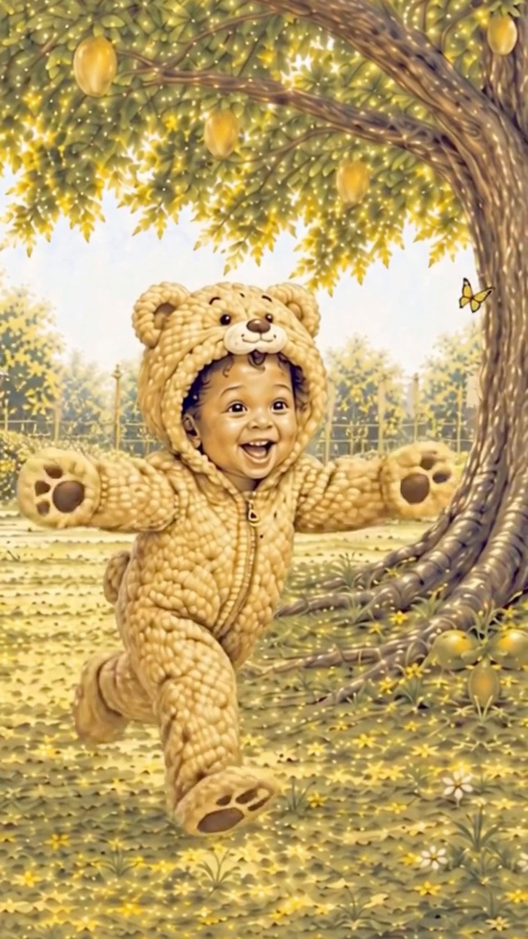 Beni running joyfully beneath a mango tree in his bear suit